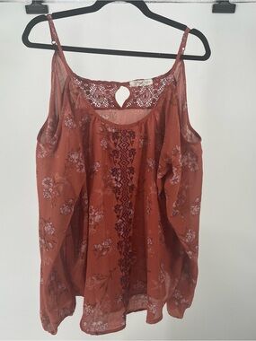 Rewind Rust Floral Cold-Shoulder Lace-Trim Tank